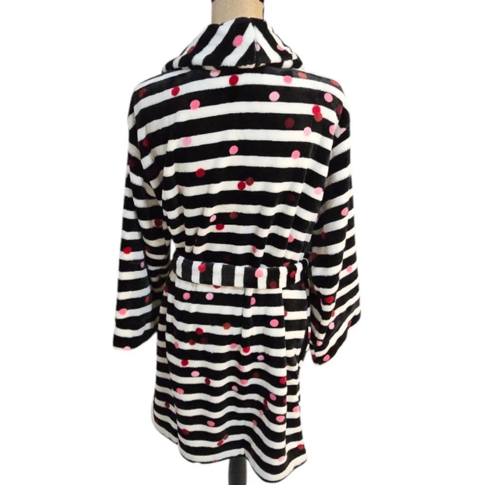 Kate‎ Spade New York® Chenille Wrap Robe Black & White Striped With Polka Dots M